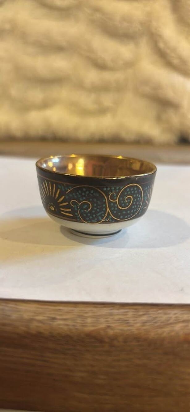 Vintage Japanese Kutani Sake Cup - Aochibu Blue Dot & Gold Scroll Motif